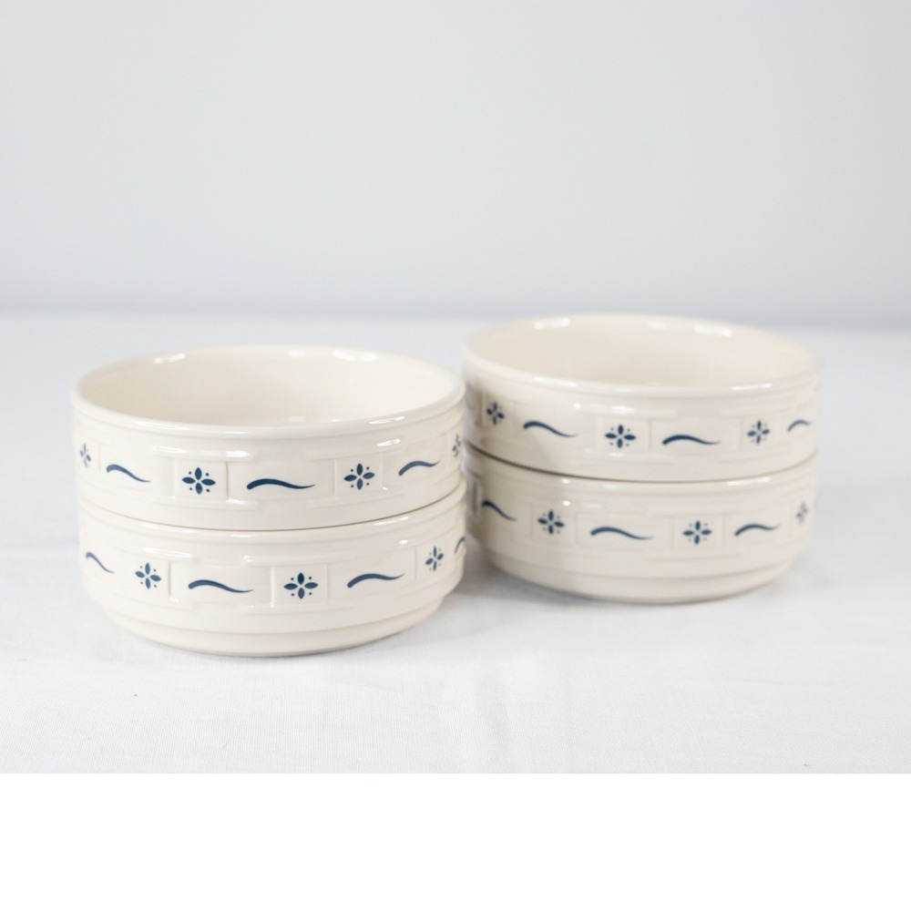 Longaberger Woven Traditions 6" Bowls Set of 4 Ivory Blue Excellent Pottery - Picture 6 of 9